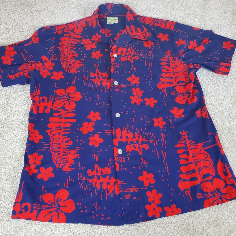 Vintage Ui Maikai Men's Shirt Large Navy Blue Red Hibiscus Hawaiian Aloha Cotton